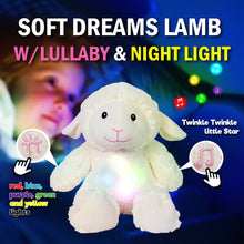 Load image into Gallery viewer, SOFT DREAMS LAMB WITH LULLABY & NIGHT LIGHT. RED, BLUE, PURPLE, GREEN, AND YELLOW COLOR CHANGING LIGHTS.