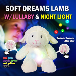 SOFT DREAMS LAMB WITH LULLABY & NIGHT LIGHT. RED, BLUE, PURPLE, GREEN, AND YELLOW COLOR CHANGING LIGHTS.