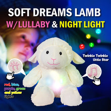 Load image into Gallery viewer, SOFT DREAMS LAMB WITH LULLABY &amp; NIGHT LIGHT. RED, BLUE, PURPLE, GREEN, AND YELLOW COLOR CHANGING LIGHTS.